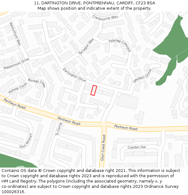 11, DARTINGTON DRIVE, PONTPRENNAU, CARDIFF, CF23 8SA: Location map and indicative extent of plot