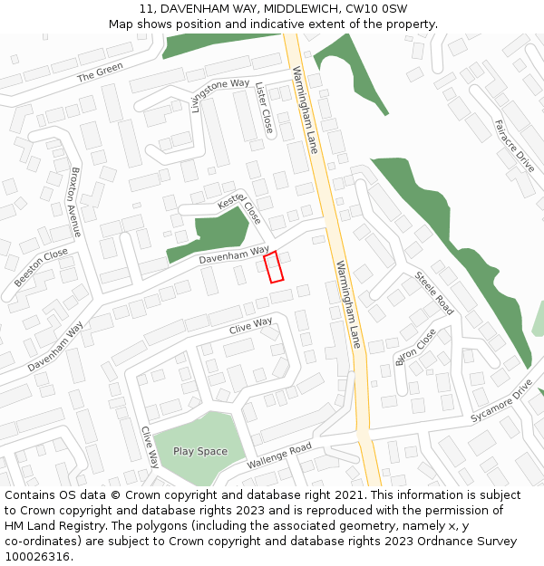 11, DAVENHAM WAY, MIDDLEWICH, CW10 0SW: Location map and indicative extent of plot