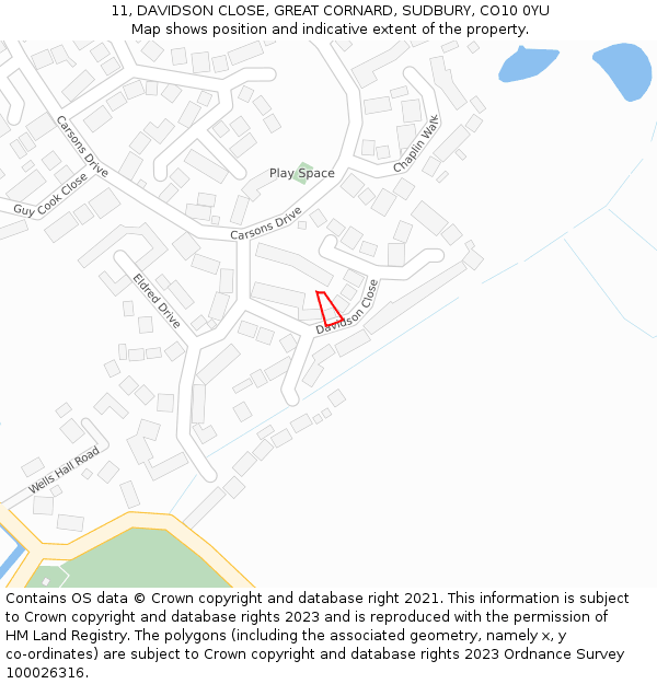 11, DAVIDSON CLOSE, GREAT CORNARD, SUDBURY, CO10 0YU: Location map and indicative extent of plot