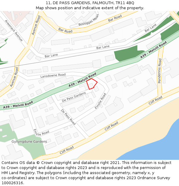 11, DE PASS GARDENS, FALMOUTH, TR11 4BQ: Location map and indicative extent of plot