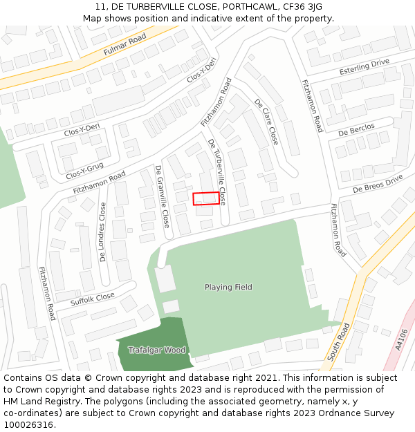 11, DE TURBERVILLE CLOSE, PORTHCAWL, CF36 3JG: Location map and indicative extent of plot