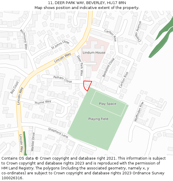 11, DEER PARK WAY, BEVERLEY, HU17 8RN: Location map and indicative extent of plot