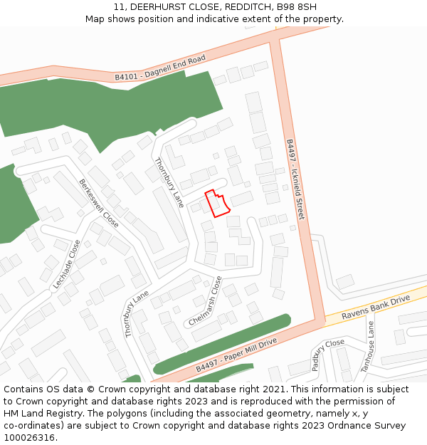 11, DEERHURST CLOSE, REDDITCH, B98 8SH: Location map and indicative extent of plot