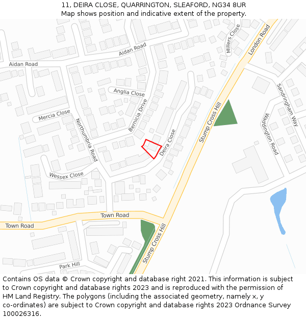 11, DEIRA CLOSE, QUARRINGTON, SLEAFORD, NG34 8UR: Location map and indicative extent of plot