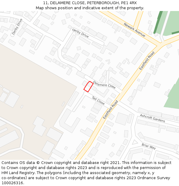 11, DELAMERE CLOSE, PETERBOROUGH, PE1 4RX: Location map and indicative extent of plot