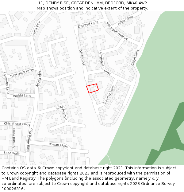 11, DENBY RISE, GREAT DENHAM, BEDFORD, MK40 4WP: Location map and indicative extent of plot