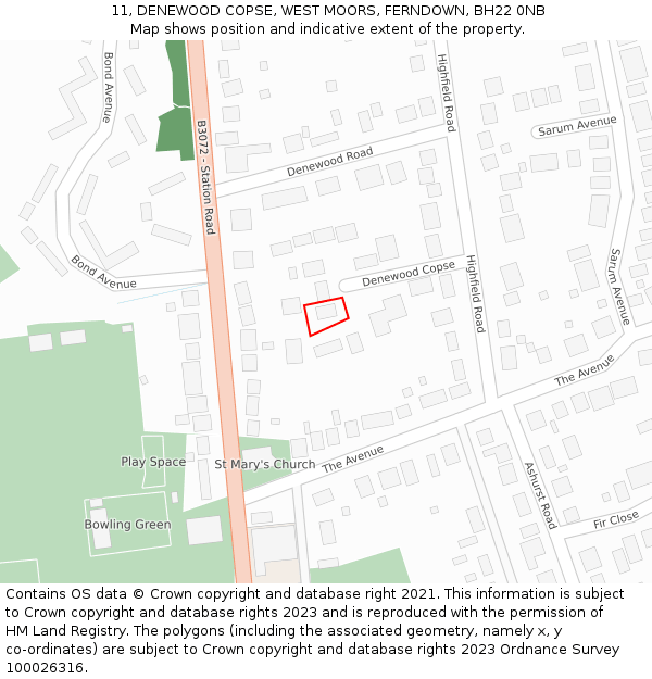 11, DENEWOOD COPSE, WEST MOORS, FERNDOWN, BH22 0NB: Location map and indicative extent of plot