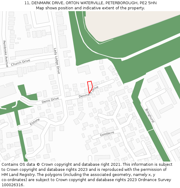 11, DENMARK DRIVE, ORTON WATERVILLE, PETERBOROUGH, PE2 5HN: Location map and indicative extent of plot