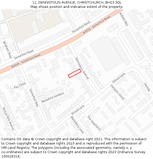 11, DENNISTOUN AVENUE, CHRISTCHURCH, BH23 3QL: Location map and indicative extent of plot