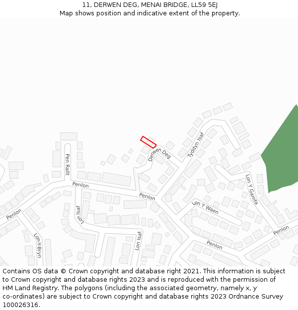 11, DERWEN DEG, MENAI BRIDGE, LL59 5EJ: Location map and indicative extent of plot
