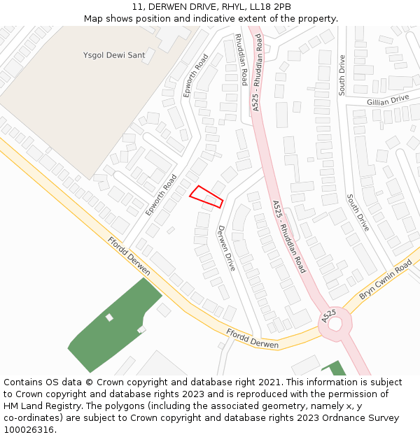 11, DERWEN DRIVE, RHYL, LL18 2PB: Location map and indicative extent of plot