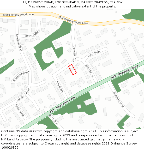 11, DERWENT DRIVE, LOGGERHEADS, MARKET DRAYTON, TF9 4DY: Location map and indicative extent of plot