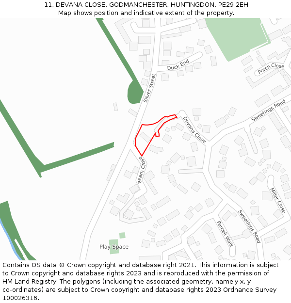 11, DEVANA CLOSE, GODMANCHESTER, HUNTINGDON, PE29 2EH: Location map and indicative extent of plot