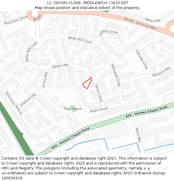 11, DEVON CLOSE, MIDDLEWICH, CW10 9GT: Location map and indicative extent of plot
