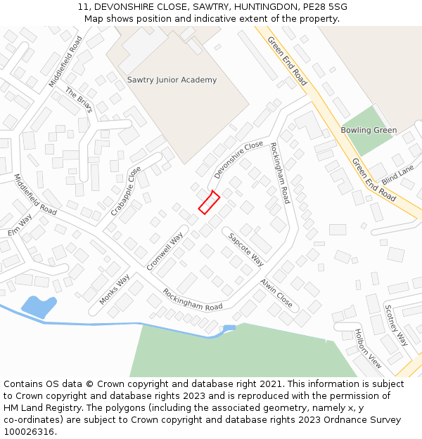 11, DEVONSHIRE CLOSE, SAWTRY, HUNTINGDON, PE28 5SG: Location map and indicative extent of plot