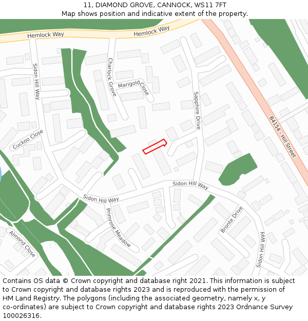 11, DIAMOND GROVE, CANNOCK, WS11 7FT: Location map and indicative extent of plot