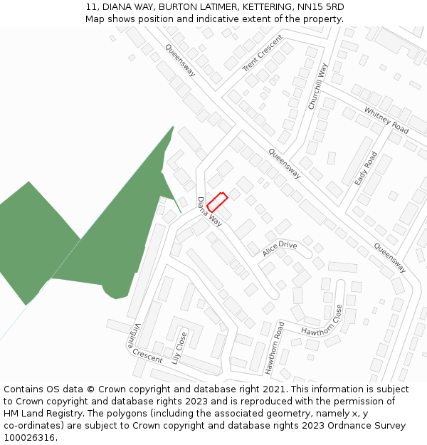 11, DIANA WAY, BURTON LATIMER, KETTERING, NN15 5RD: Location map and indicative extent of plot