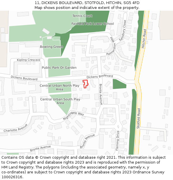 11, DICKENS BOULEVARD, STOTFOLD, HITCHIN, SG5 4FD: Location map and indicative extent of plot