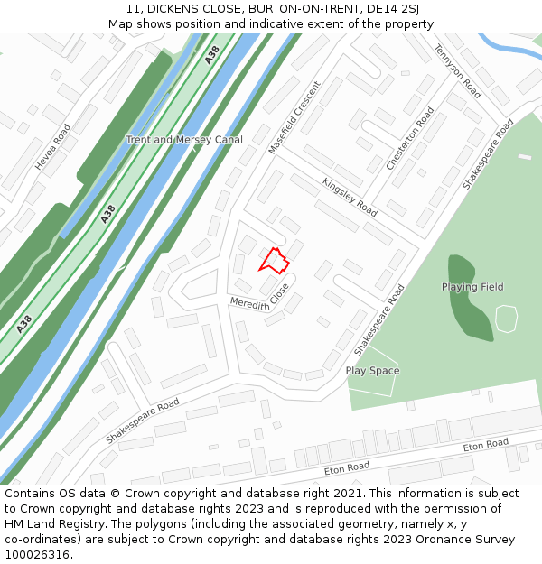 11, DICKENS CLOSE, BURTON-ON-TRENT, DE14 2SJ: Location map and indicative extent of plot
