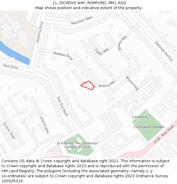 11, DICKENS WAY, ROMFORD, RM1 4GQ: Location map and indicative extent of plot