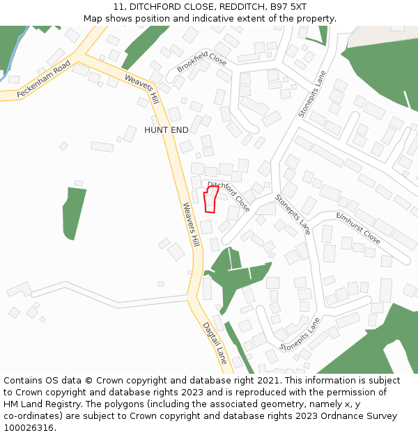 11, DITCHFORD CLOSE, REDDITCH, B97 5XT: Location map and indicative extent of plot