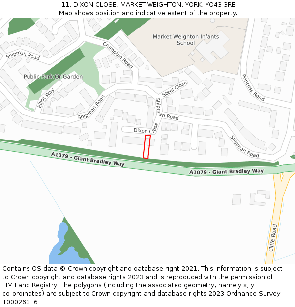 11, DIXON CLOSE, MARKET WEIGHTON, YORK, YO43 3RE: Location map and indicative extent of plot