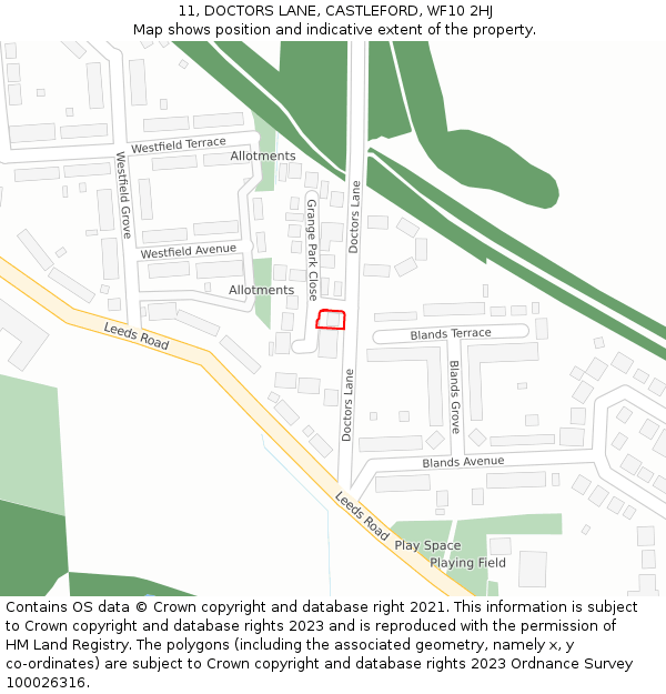 11, DOCTORS LANE, CASTLEFORD, WF10 2HJ: Location map and indicative extent of plot