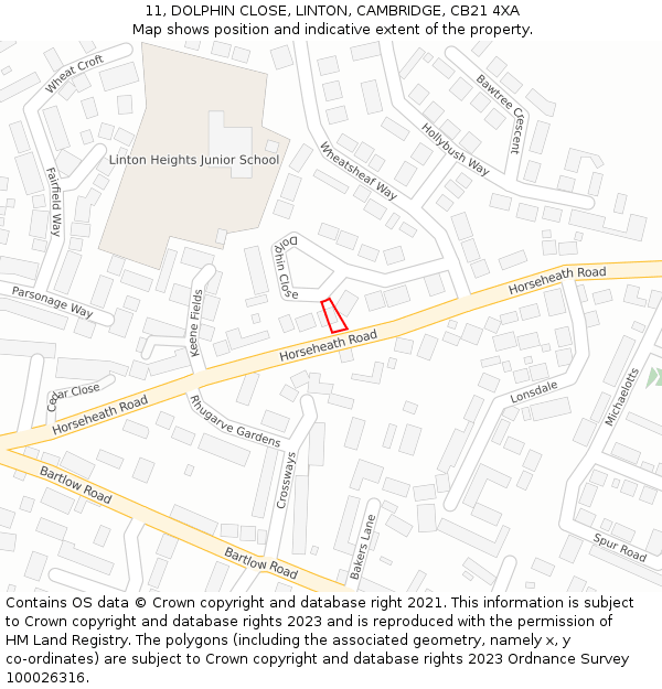 11, DOLPHIN CLOSE, LINTON, CAMBRIDGE, CB21 4XA: Location map and indicative extent of plot