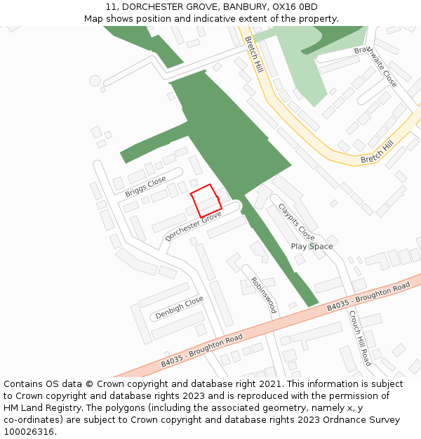 11, DORCHESTER GROVE, BANBURY, OX16 0BD: Location map and indicative extent of plot