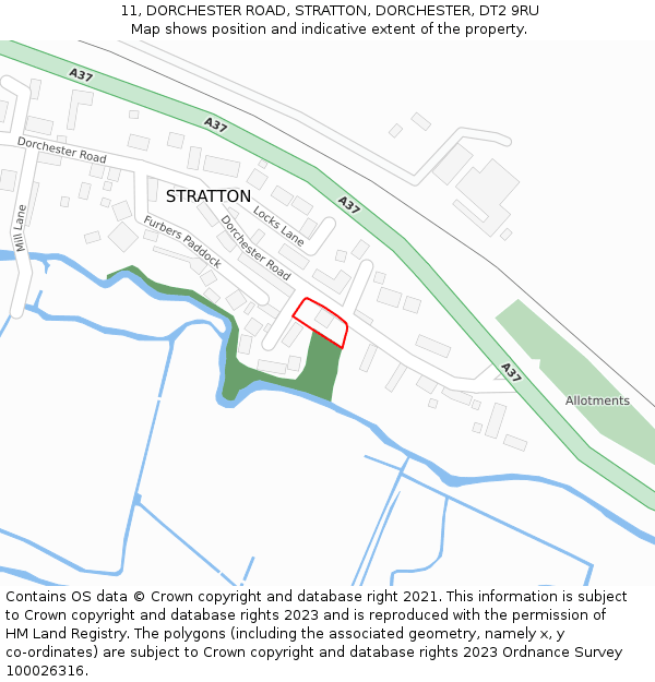 11, DORCHESTER ROAD, STRATTON, DORCHESTER, DT2 9RU: Location map and indicative extent of plot