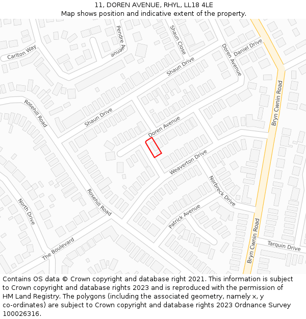 11, DOREN AVENUE, RHYL, LL18 4LE: Location map and indicative extent of plot