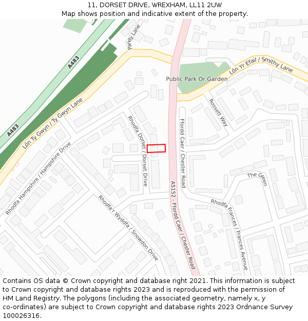 11, DORSET DRIVE, WREXHAM, LL11 2UW: Location map and indicative extent of plot