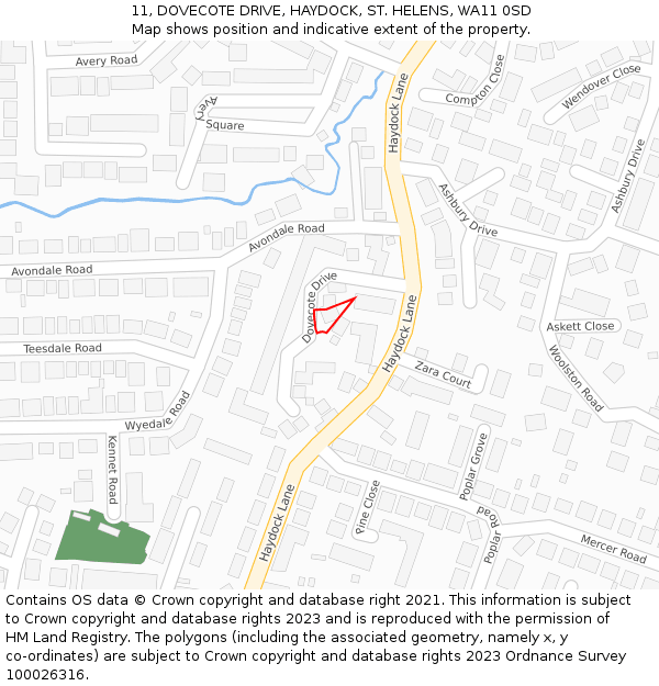 11, DOVECOTE DRIVE, HAYDOCK, ST. HELENS, WA11 0SD: Location map and indicative extent of plot