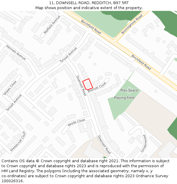 11, DOWNSELL ROAD, REDDITCH, B97 5RT: Location map and indicative extent of plot