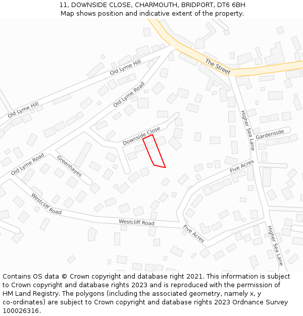 11, DOWNSIDE CLOSE, CHARMOUTH, BRIDPORT, DT6 6BH: Location map and indicative extent of plot