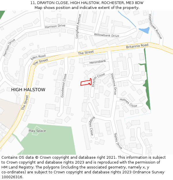 11, DRAYTON CLOSE, HIGH HALSTOW, ROCHESTER, ME3 8DW: Location map and indicative extent of plot