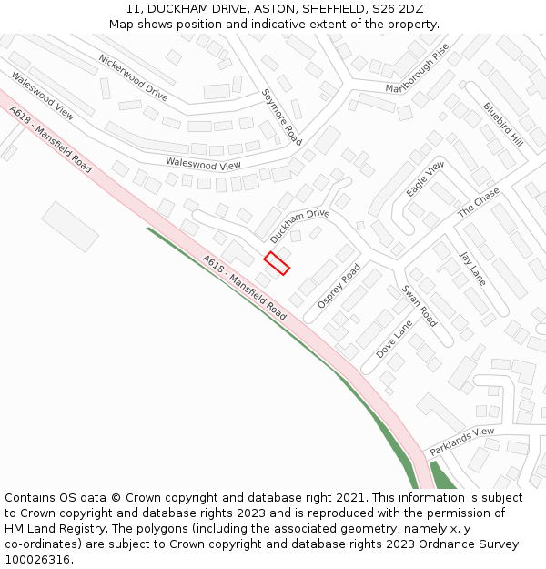 11, DUCKHAM DRIVE, ASTON, SHEFFIELD, S26 2DZ: Location map and indicative extent of plot