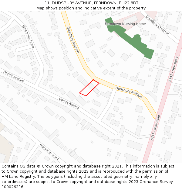 11, DUDSBURY AVENUE, FERNDOWN, BH22 8DT: Location map and indicative extent of plot