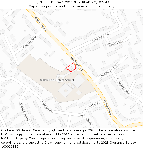 11, DUFFIELD ROAD, WOODLEY, READING, RG5 4RL: Location map and indicative extent of plot