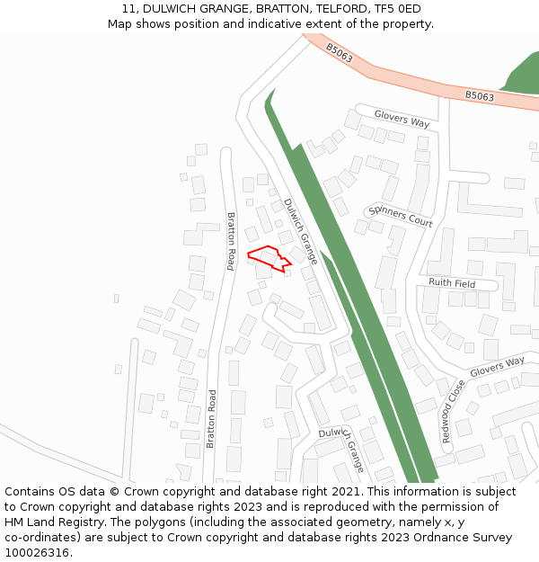 11, DULWICH GRANGE, BRATTON, TELFORD, TF5 0ED: Location map and indicative extent of plot