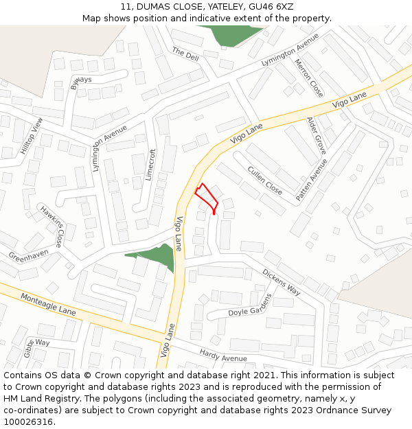 11, DUMAS CLOSE, YATELEY, GU46 6XZ: Location map and indicative extent of plot