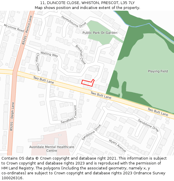 11, DUNCOTE CLOSE, WHISTON, PRESCOT, L35 7LY: Location map and indicative extent of plot