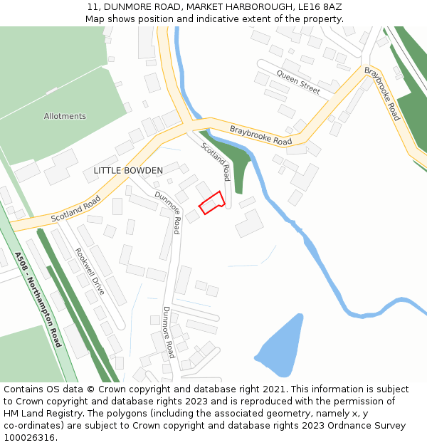 11, DUNMORE ROAD, MARKET HARBOROUGH, LE16 8AZ: Location map and indicative extent of plot