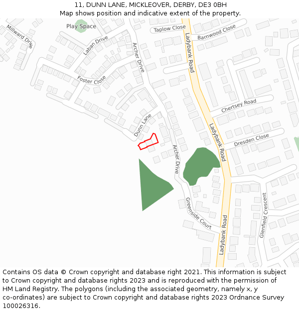 11, DUNN LANE, MICKLEOVER, DERBY, DE3 0BH: Location map and indicative extent of plot