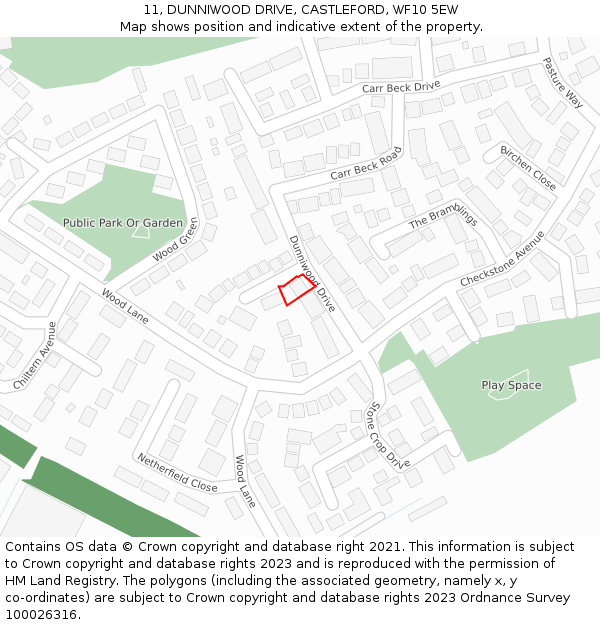 11, DUNNIWOOD DRIVE, CASTLEFORD, WF10 5EW: Location map and indicative extent of plot