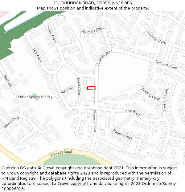 11, DUNNOCK ROAD, CORBY, NN18 8EN: Location map and indicative extent of plot