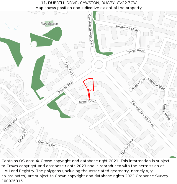 11, DURRELL DRIVE, CAWSTON, RUGBY, CV22 7GW: Location map and indicative extent of plot