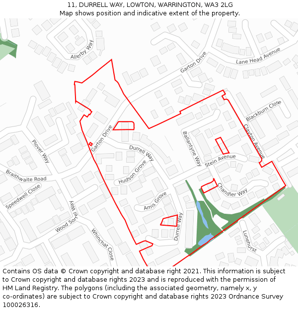 11, DURRELL WAY, LOWTON, WARRINGTON, WA3 2LG: Location map and indicative extent of plot