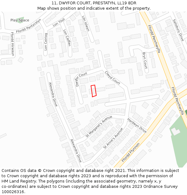 11, DWYFOR COURT, PRESTATYN, LL19 8DR: Location map and indicative extent of plot