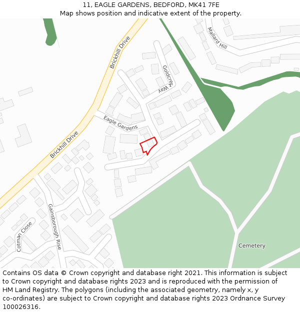 11, EAGLE GARDENS, BEDFORD, MK41 7FE: Location map and indicative extent of plot